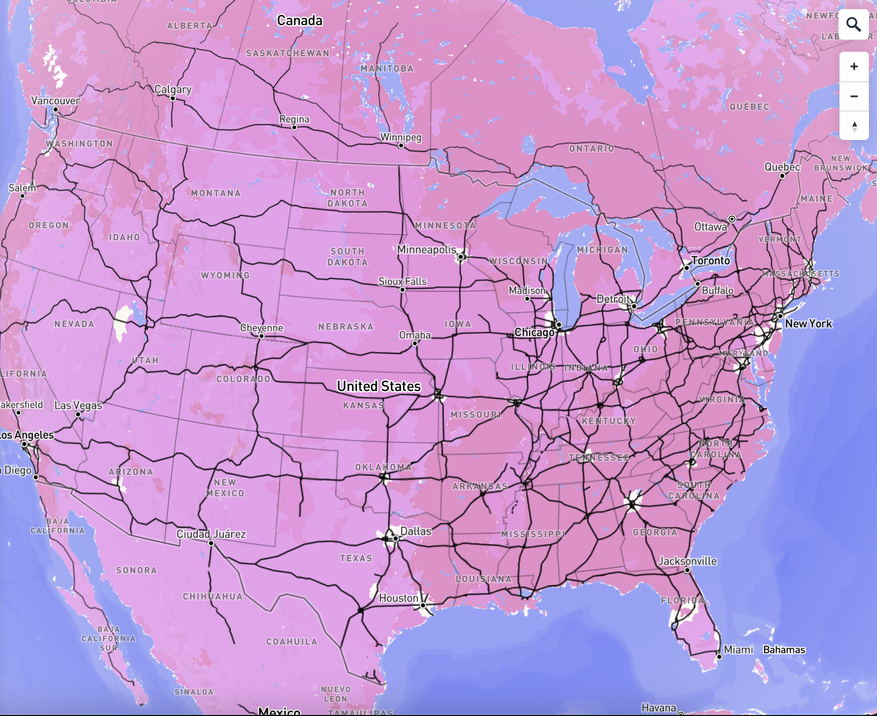 Pink-Purple Full USA Map: Adjusted Greenspace color and Light preset to bright mode.